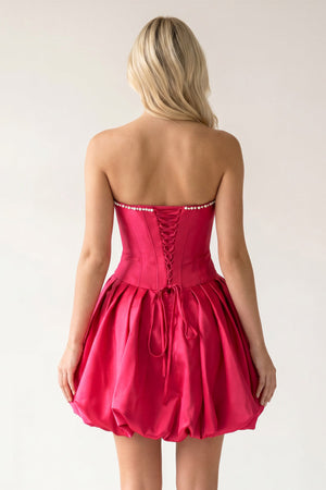 Fuchsia A-Line Bubble Hem Satin Strapless Corset Homecoming Dress – Homecoming Dress by KissProm | Available at KissProm