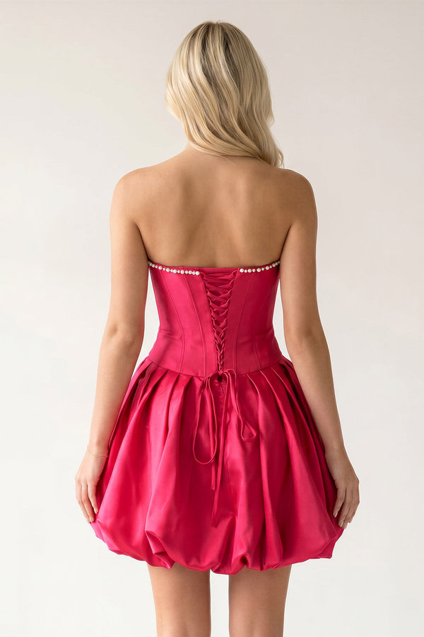 Fuchsia A-Line Bubble Hem Satin Strapless Corset Homecoming Dress – Homecoming Dress by KissProm | Available at KissProm