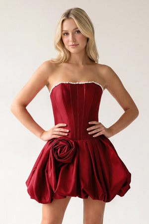 Burgundy A-Line Bubble Hem Satin Strapless Corset Homecoming Dress – Homecoming Dress by KissProm | Available at KissProm