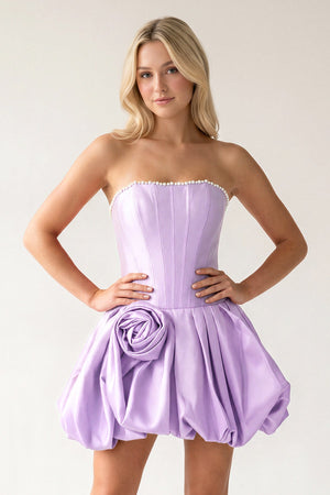 Lilac A-Line Bubble Hem Satin Strapless Corset Homecoming Dress – Homecoming Dress by KissProm | Available at KissProm