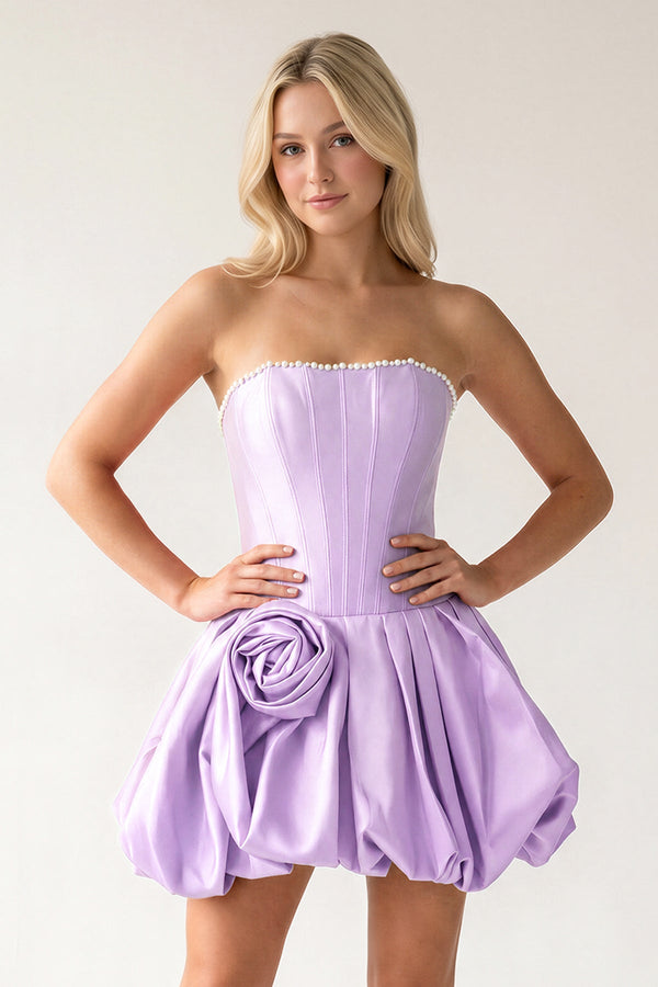 Lilac A-Line Bubble Hem Satin Strapless Corset Homecoming Dress – Homecoming Dress by KissProm | Available at KissProm