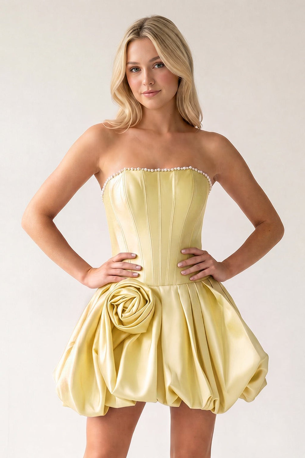 Yellow A-Line Bubble Hem Satin Strapless Corset Homecoming Dress | KISSPROM
