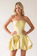 Yellow A-Line Bubble Hem Satin Strapless Corset Homecoming Dress | KISSPROM