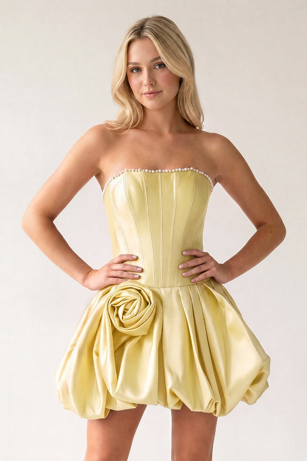 Yellow A-Line Bubble Hem Satin Strapless Corset Homecoming Dress | KISSPROM