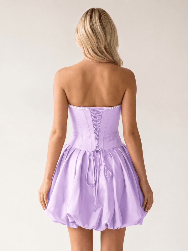Lilac A-Line Bubble Hem Satin Strapless Corset Homecoming Dress – Homecoming Dress by KissProm | Available at KissProm