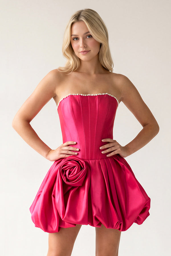 Fuchsia A-Line Bubble Hem Satin Strapless Corset Homecoming Dress – Homecoming Dress by KissProm | Available at KissProm
