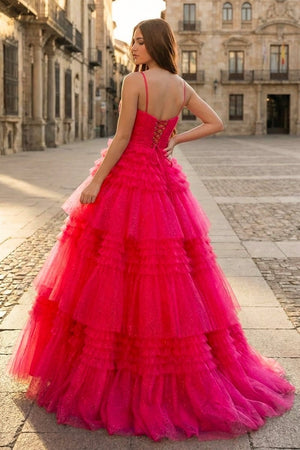 A - Line Deep V Neck Tiered Long Glitter Tulle Prom Dress - KissProm