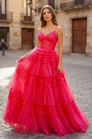 A - Line Deep V Neck Tiered Long Glitter Tulle Prom Dress - KissProm