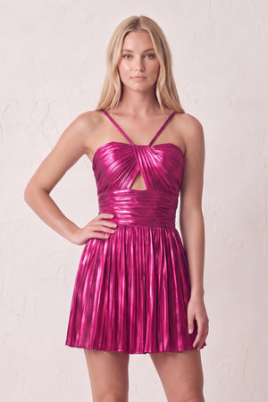 Fuchsia A-Line Metallic Spaghetti Strap Pleated Homecoming Dress | KISSPROM