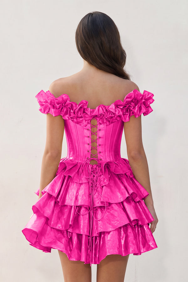 Fuchsia A-Line Off-the-Shoulder Corset Ruffle Tiered Homecoming Dress (2) | KISSPROM