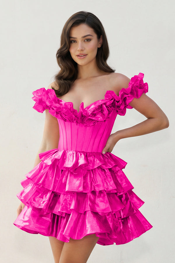 Fuchsia A-Line Off-the-Shoulder Corset Ruffle Tiered Homecoming Dress | KISSPROM