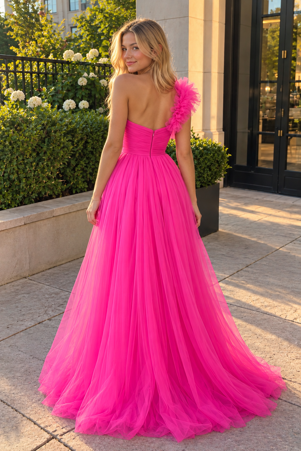 Black A-Line One Shoulder Long Tulle Prom Dress with Ruffles - KISSPROM PROM DRESSES