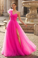 Fuchsia A-Line One Shoulder Long Tulle Prom Dress with Ruffles - KISSPROM PROM DRESSES