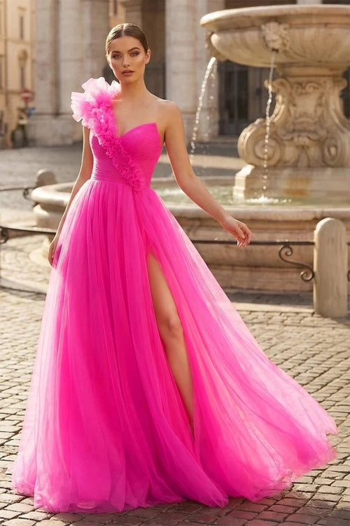 Fuchsia A-Line One Shoulder Long Tulle Prom Dress with Ruffles - KISSPROM PROM DRESSES