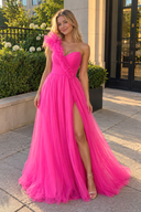 Fuchsia A-Line One Shoulder Long Tulle Prom Dress with Ruffles | KISSPROM