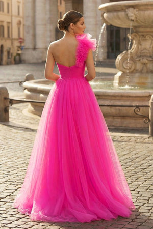 KissProm-Fuchsia A-Line One Shoulder Long Tulle Prom Dress with Ruffles