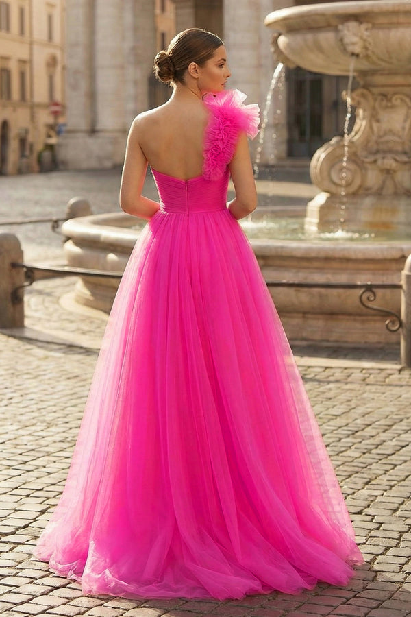 KissProm-Fuchsia A-Line One Shoulder Long Tulle Prom Dress with Ruffles