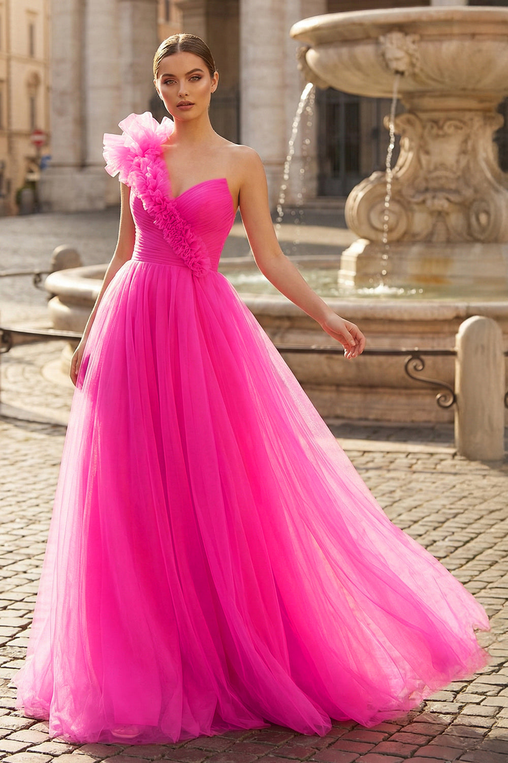KissProm-Fuchsia A-Line One Shoulder Long Tulle Prom Dress with Ruffles
