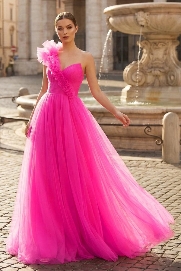 A-Line One Shoulder Long Tulle Prom Dress with Ruffles - KISSPROM PROM DRESSES