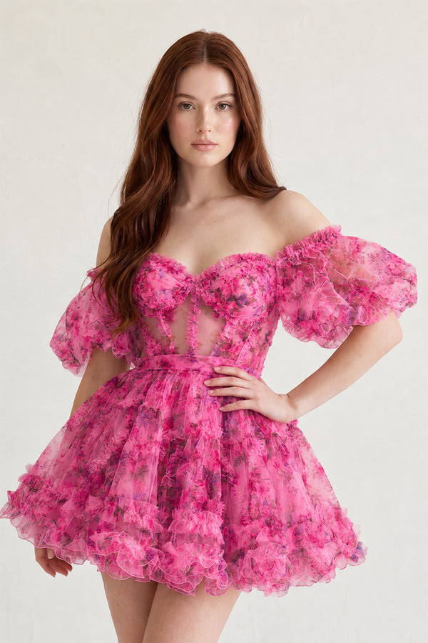 Ivana |A Line Off the Shoulder Floral Printed Homecoming Dress - KissProm