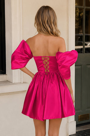 Fuchsia A Line Satin Square Neck Puffed Sleeves Short Homecoming Dresses - KISSPROM