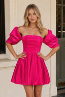 Fuchsia A Line Satin Square Neck Puffed Sleeves Short Homecoming Dresses - KISSPROM
