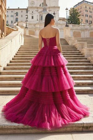 A-Line Strapless Tulle Long Prom Dress with Tiered Ruffles - KISSPROM PROM DRESSES
