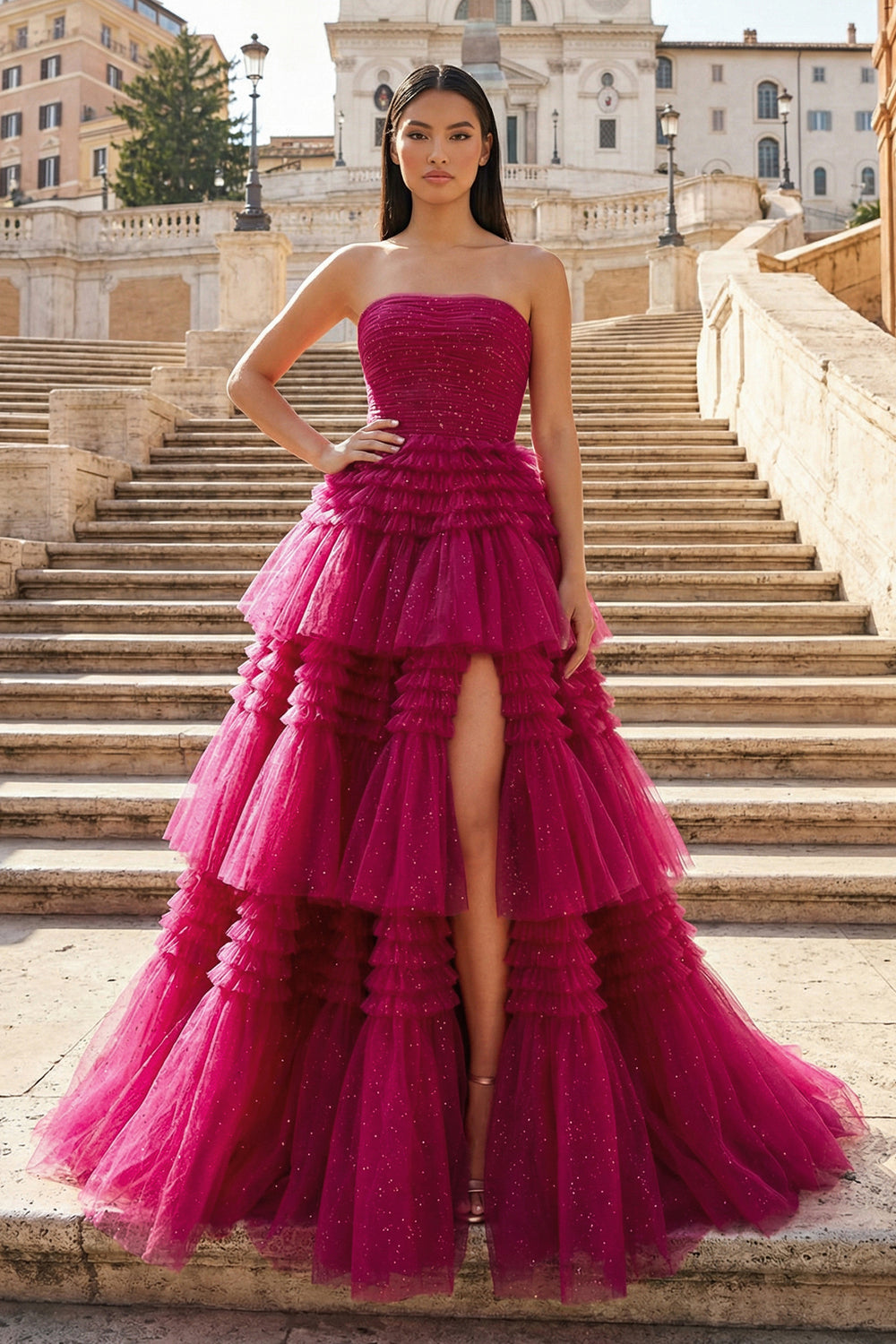 KissProm-Fuchsia A-Line Strapless Tulle Long Prom Dress with Tiered Ruffles