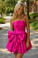 Fuchsia A-Line Strapless Pleated Homecoming Dress with Bow | KISSPROM