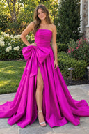 Fuchsia A-line Strapless Taffeta Long Prom Dress With Slit | KISSPROM
