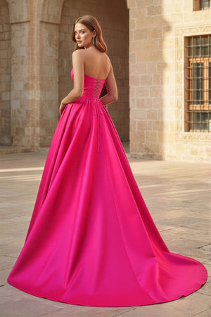 A - Line Strapless Satin Long Prom Dress - KissProm