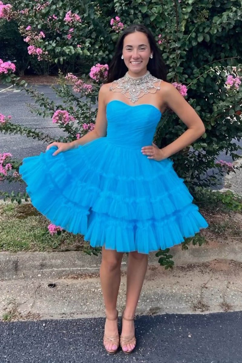 Fuchsia A-Line Sweetheart Tulle Tiered Corset Short Homecoming Dress - KissProm