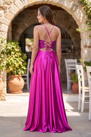 Fuchsia A-Line V-Neck Satin Prom Dress with Slit (2) | KISSPROM