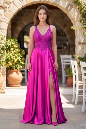 Fuchsia A-Line V-Neck Satin Prom Dress with Slit | KISSPROM