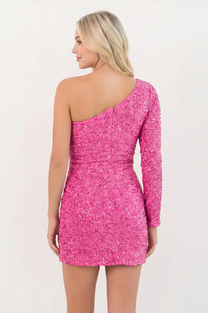 Fuchsia Bodycon One-Shoulder Sequins Mini Party Dresses (2) | KISSPROM