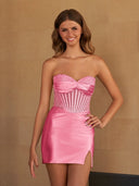 Fuchsia Bodycon Satin Sweetheart Beaded Mini Party Dress with Slit | KISSPROM