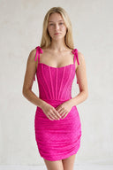 Fuchsia Bodycon Scoop Neck Beaded Satin Corset Homecoming Dresses with Bow Straps | KISSPROM