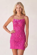 Fuchsia Bodycon Spaghetti Straps Sequined Mini Party Dresses with Lace Appliques | KISSPROM