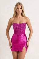 Fuchsia Bodycon Strapless Satin Corset Homecoming Dress with Beads | KISSPROM