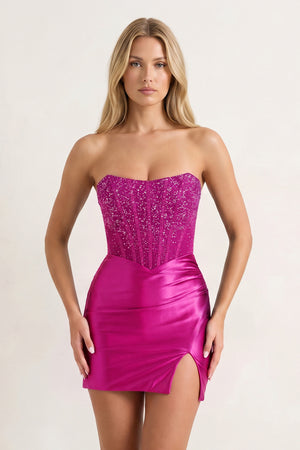 Fuchsia Bodycon Strapless Satin Corset Homecoming Dress with Beads | KISSPROM