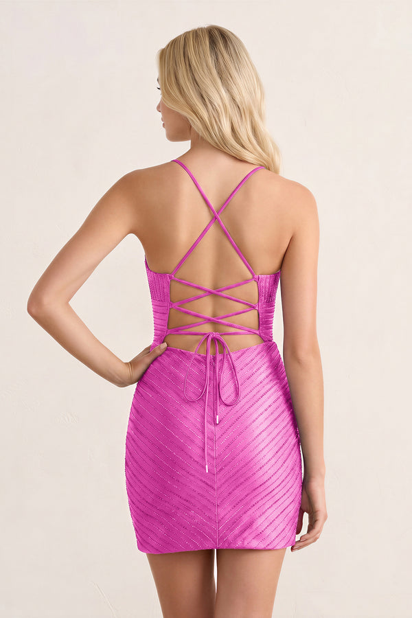 Fuchsia Bodycon V Neck Short Homecoming Dresses With Beadings (2) | KISSPROM