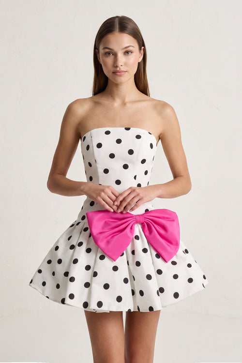 White Bowknot A-Line Strapless Polka Dots Satin Homecoming Dress | KISSPROM