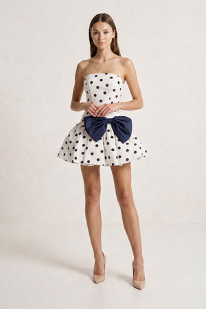 Navy Blue Bowknot A-Line Strapless Polka Dots Satin Homecoming Dress (3) | KISSPROM