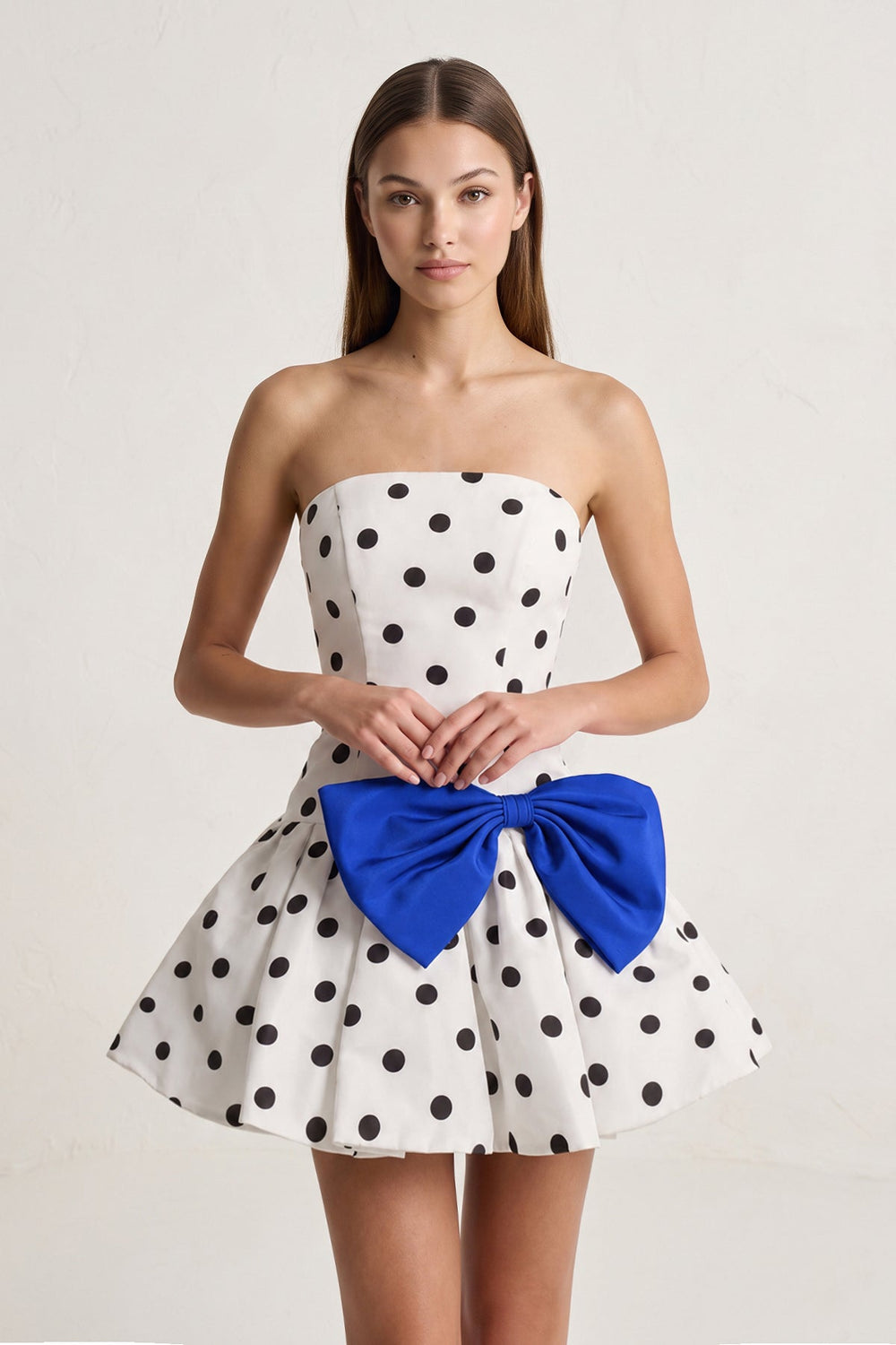 Royal Blue Bowknot A-Line Strapless Polka Dots Satin Homecoming Dress | KISSPROM