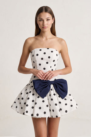 Navy Blue Bowknot A-Line Strapless Polka Dots Satin Homecoming Dress | KISSPROM