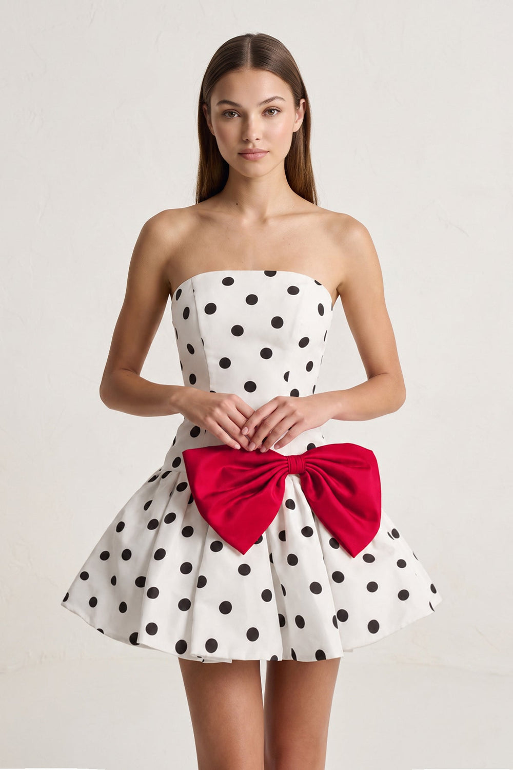 Red Bowknot A-Line Strapless Polka Dots Satin Homecoming Dress | KISSPROM