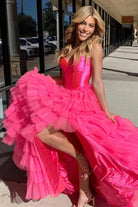 KissProm-Harmony Fuchsia A-Line Sweetheart Tiered Tulle Prom Dress with Slit