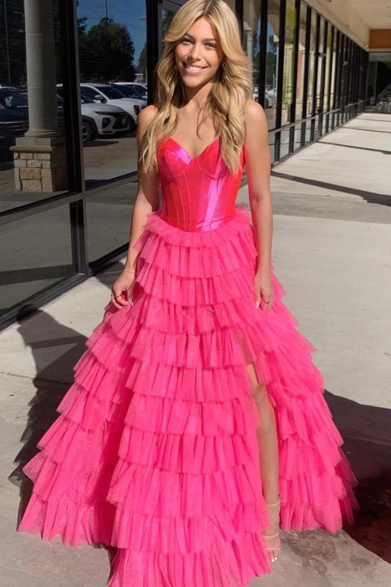 KissProm-Harmony Fuchsia A-Line Sweetheart Tiered Tulle Prom Dress with Slit