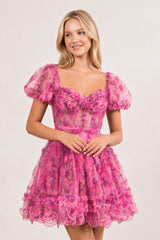Ivana | Pink A Line Off the Shoulder Printed Homecoming Dress