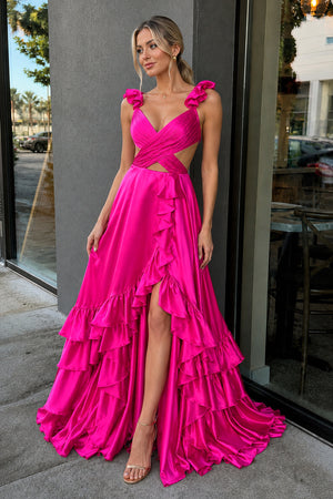Fuchsia Cutout Ruffle A-Line Long Prom Dress with Slit - KissProm 